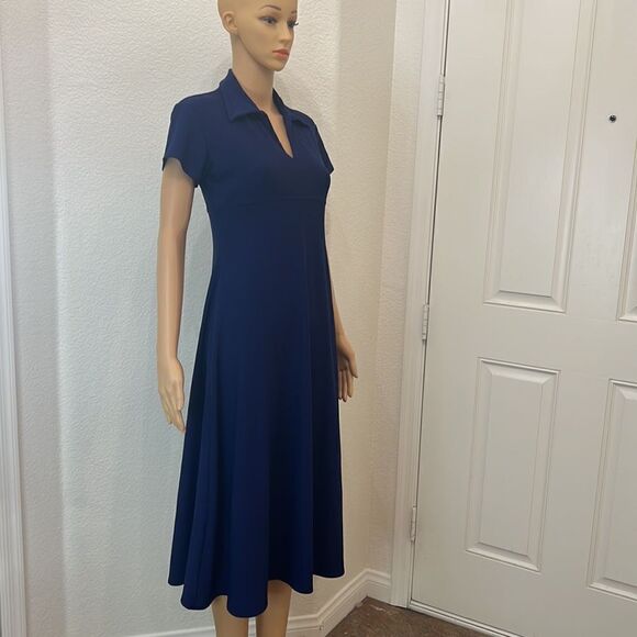 Express Dress Size Small Notch Collar Short Sleeve Midi Navy Royal Blue Flare - Picture 2 of 10
